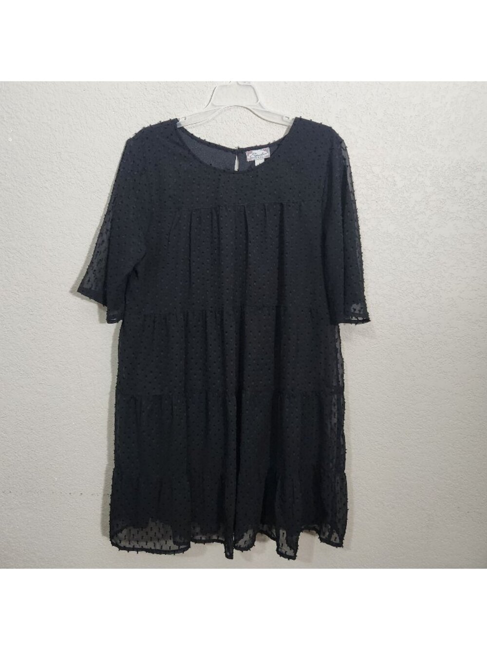 Studio West Black Textured Sheer Tiered Dress 3/4 Sleeves Size Large